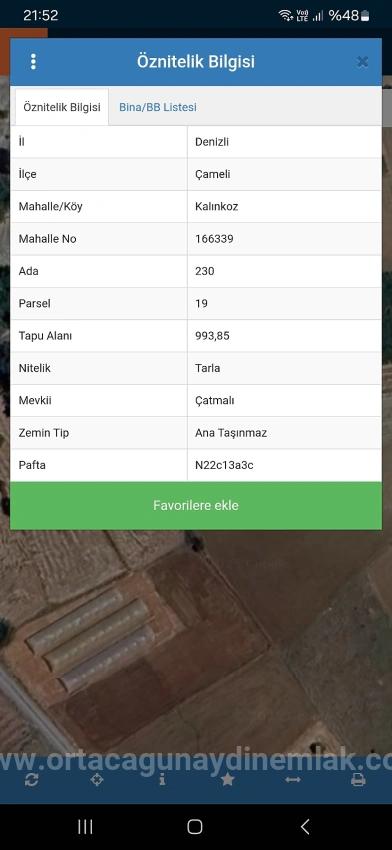 Denizli Çameli Kalınkozda 993 M² Tek Tapu Satılık Tarla